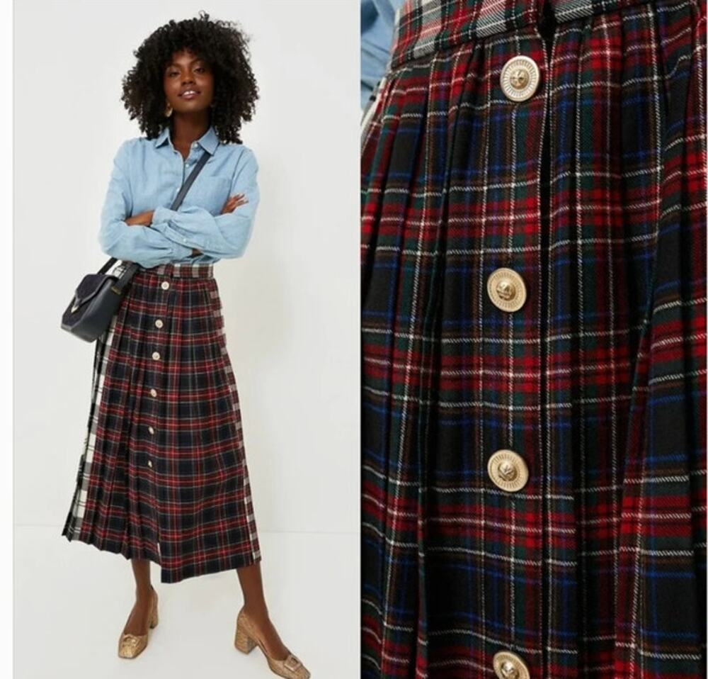 HUNTER BELL Sz 0 XS Harlan Mixed Plaid Midi Skirt Virgin Wool Tartan